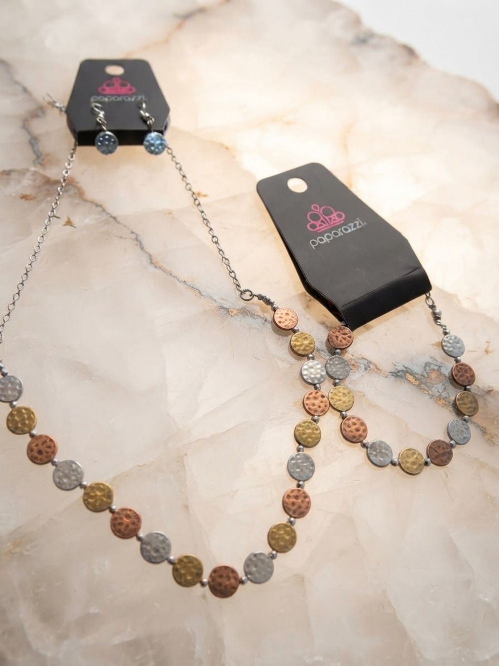 paparazzi Tri-Tone Hammered Disc Necklace and Studs - Silver, Gold, Copper